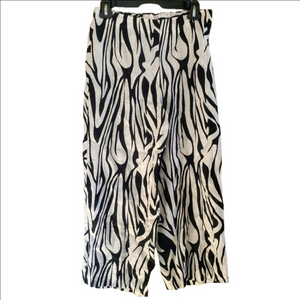 NWT Tahari 100% Linen Wide Leg Pants Elastic Waist Zebra Print Casual Pant Small
